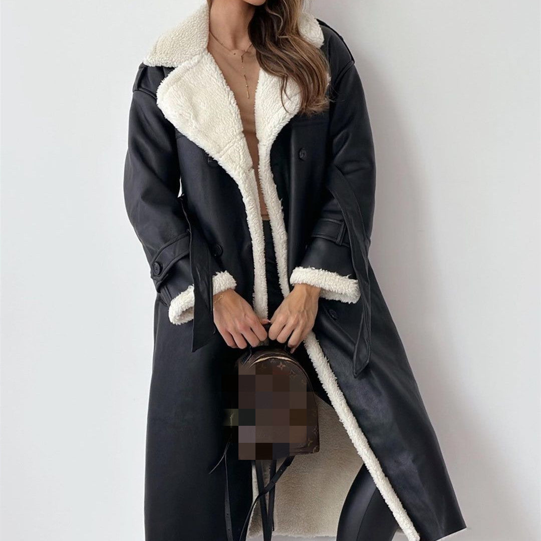 Manteau Col Montant en Cuir et Peluche