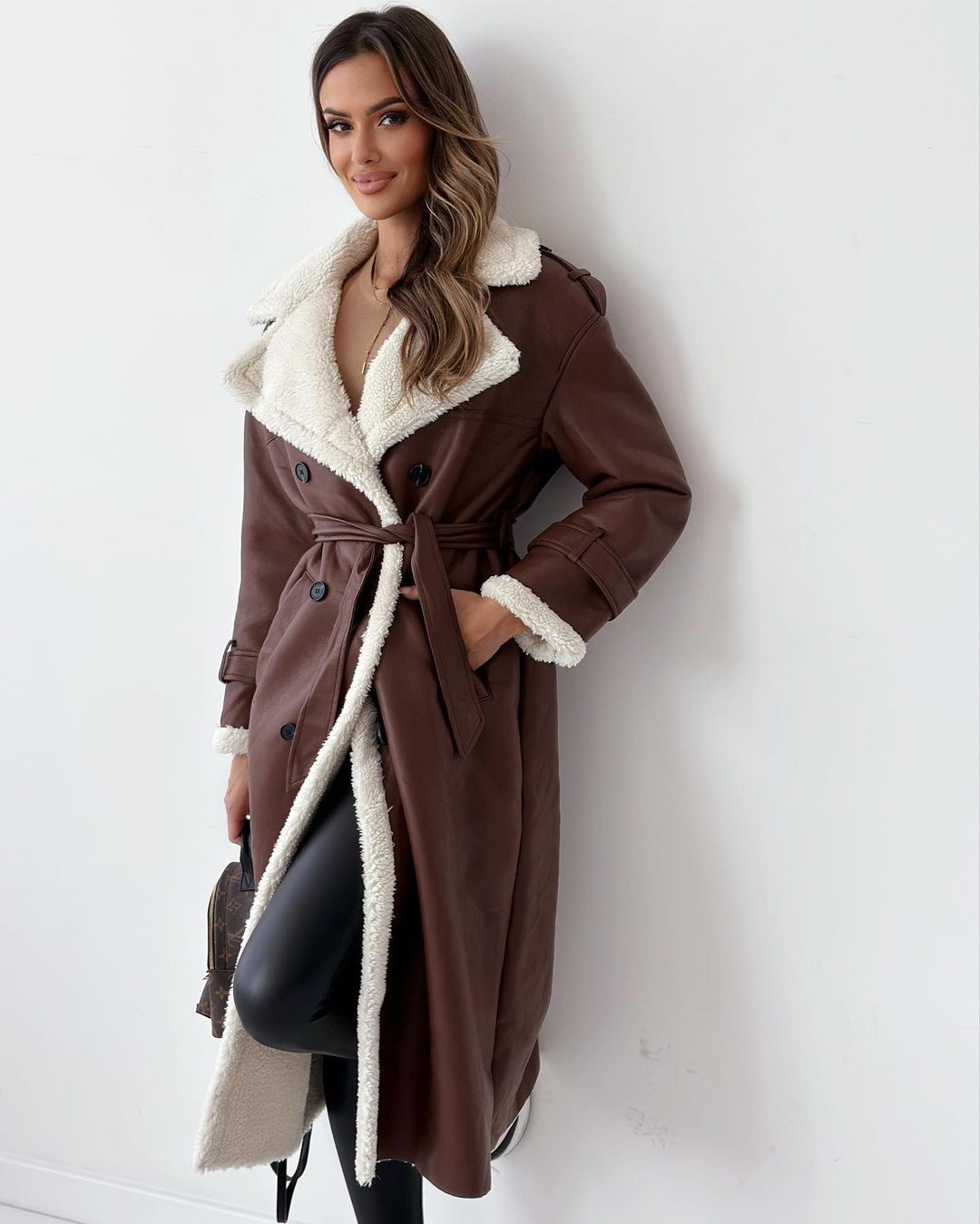 Manteau Col Montant en Cuir et Peluche